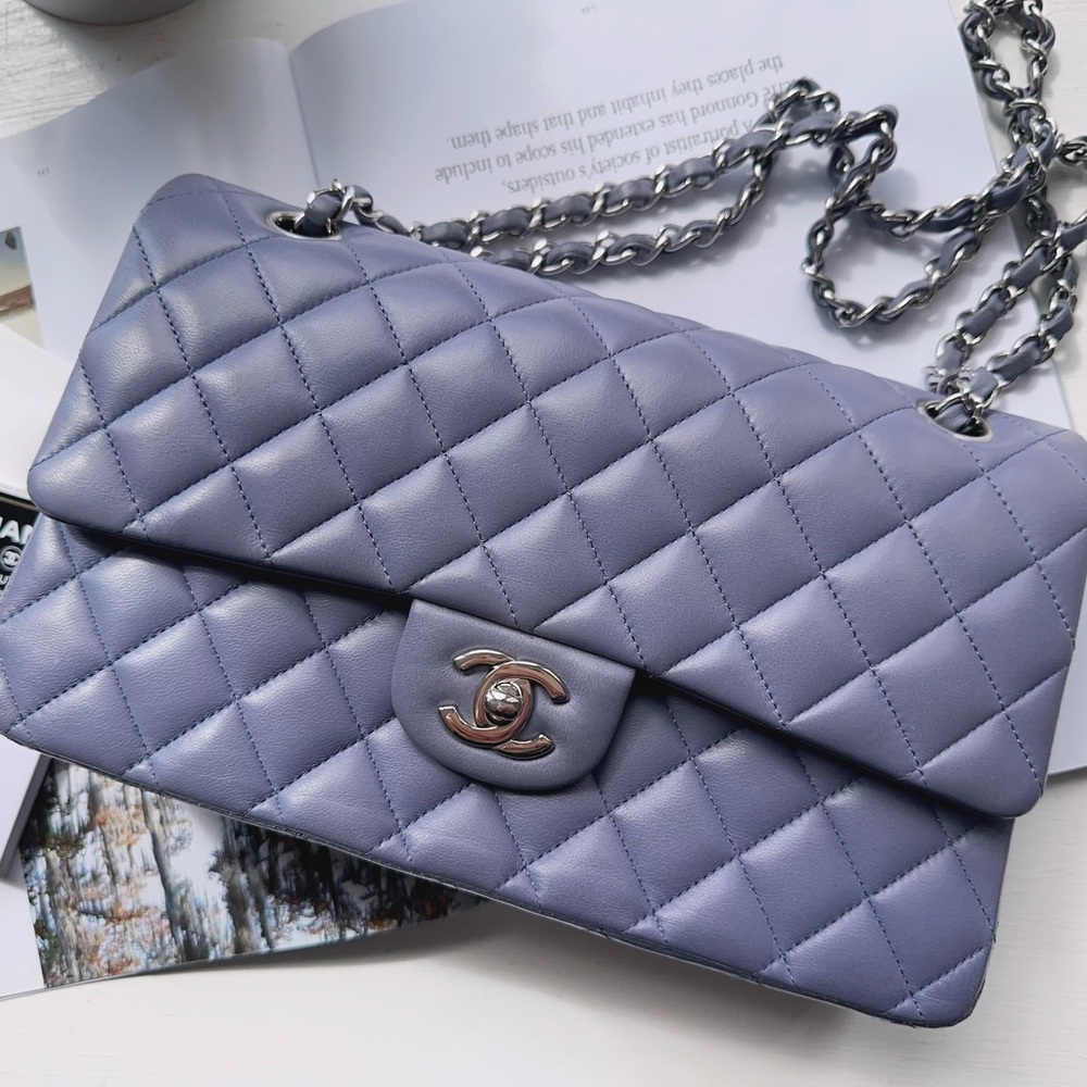 Chanel Medium Classic Double Flap Bag Purple Lambskin Silver Hardware